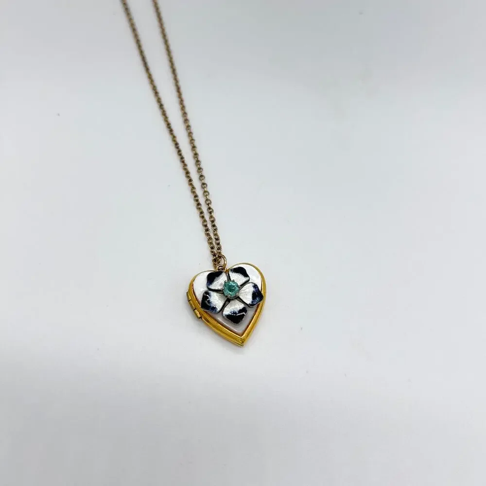 Vintage Locket Enamel Heart Rhinestone Flower Gold Tone Necklace Art Deco Floral